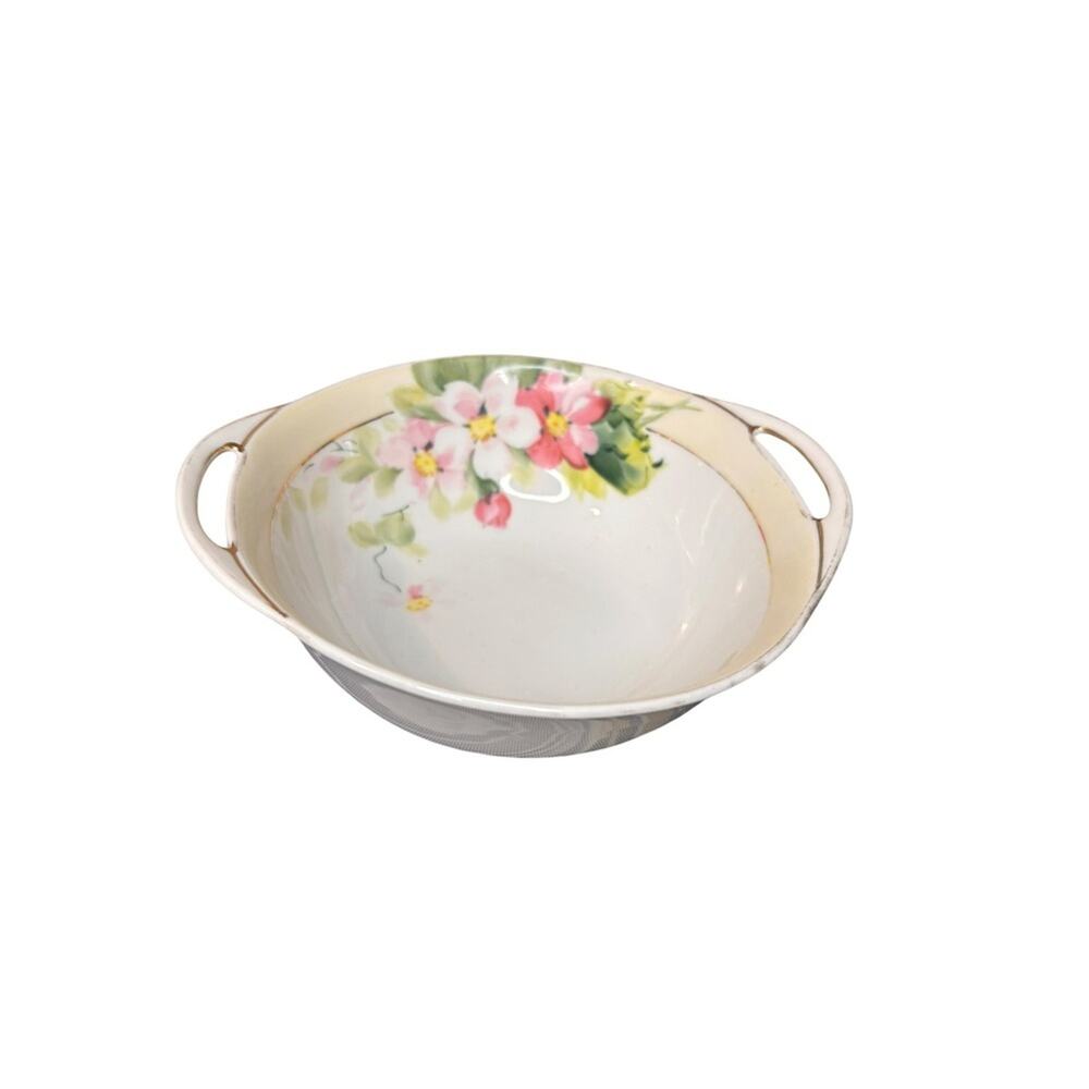 Nippon Hand Painted Floral Bowl Antique Porcelain Gold Trim 7" Handle Japan
